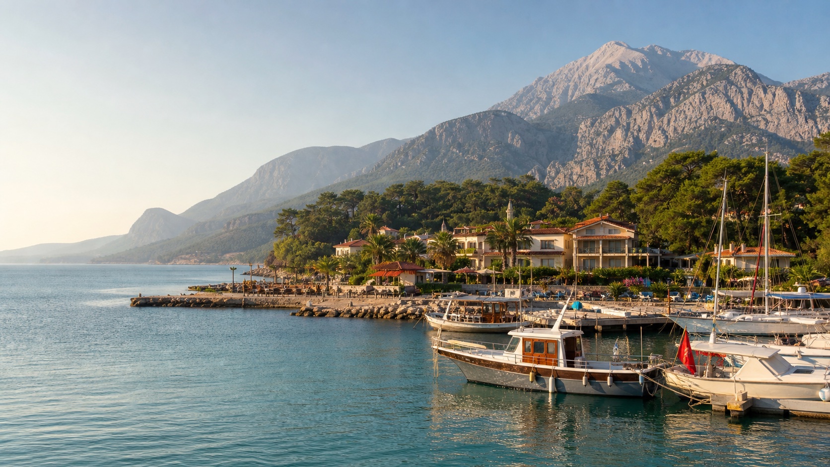 Kemer yat limanı, çamların arasındaki küçük oteller ve arka planda Tahtalı Dağı